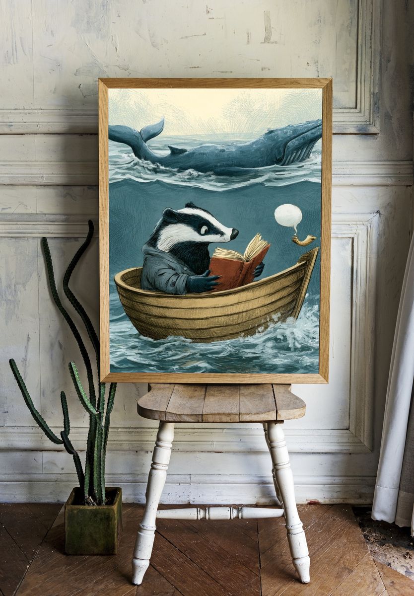 Reading Badger and Whale Illustration Poster. — room view 1