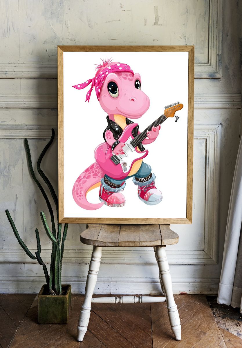 Pink Dino Guitar Cartoon Print room preview