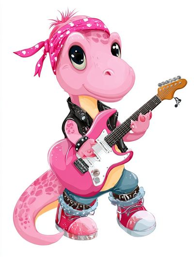 Pink Dino Guitar Cartoon Print. poster print
