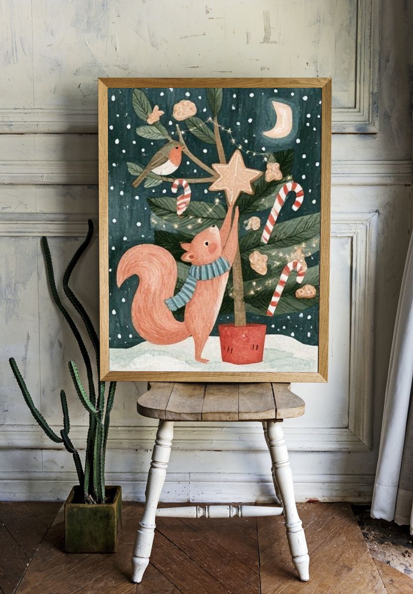 Christmas Squirrel Watercolor Poster. — room view 1