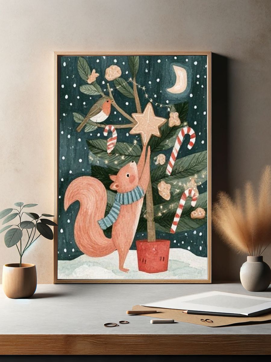 Christmas Squirrel Watercolor Poster. — room view 2