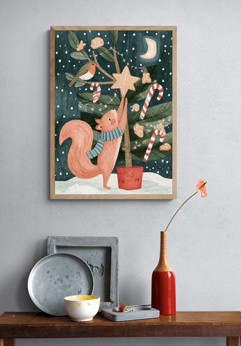 Christmas Squirrel Watercolor Poster. — room view 3