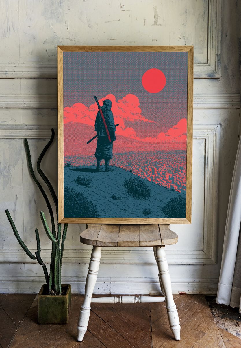 Samurai Sunset Cityscape Illustration Poster. — room view 1