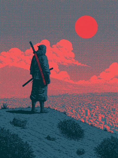 Samurai Sunset Cityscape Illustration Poster. poster print