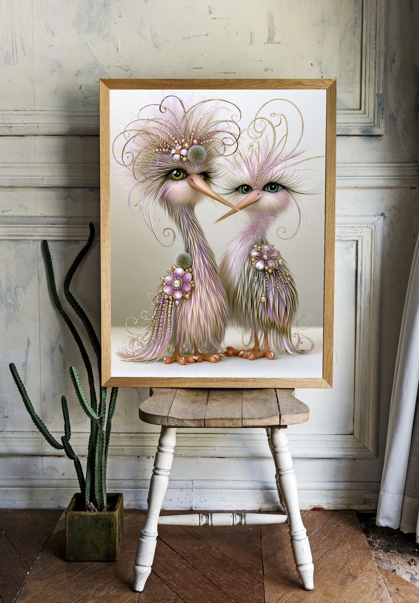 Whimsical Bird Duo Illustration Poster. room preview