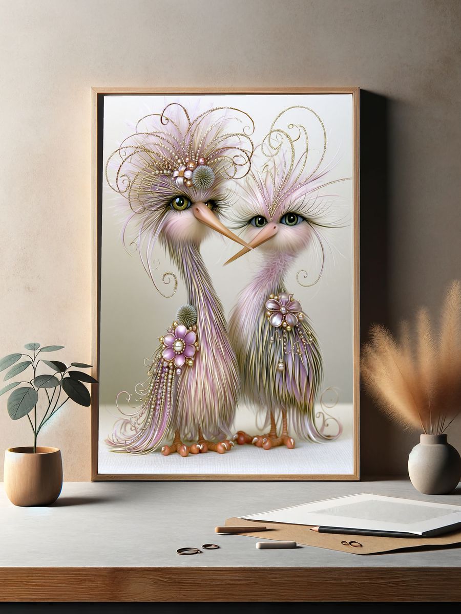Whimsical Bird Duo Illustration Poster. — room view 2