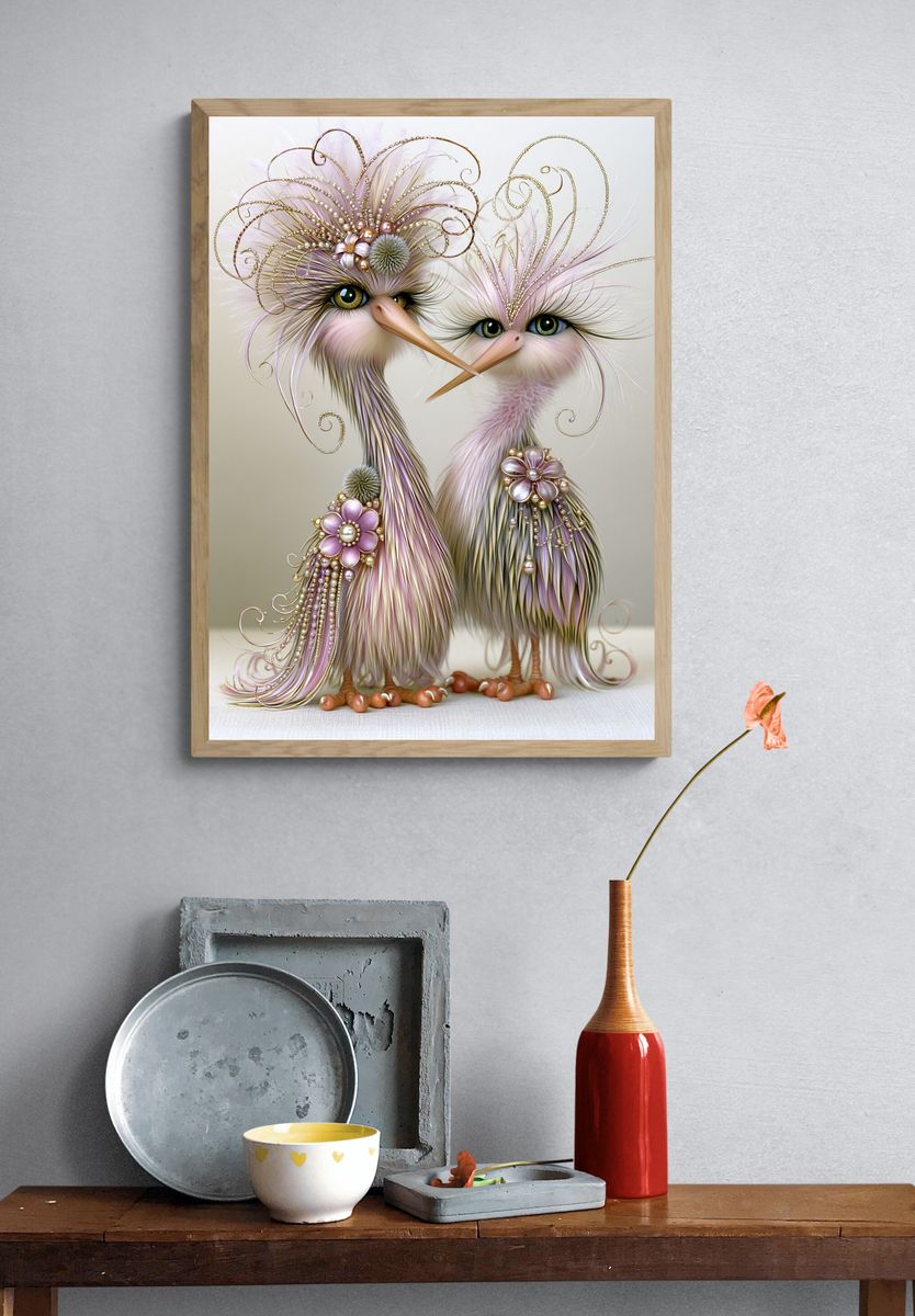 Whimsical Bird Duo Illustration Poster. — room view 3