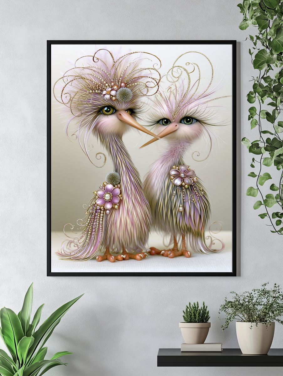Whimsical Bird Duo Illustration Poster. — room view 4