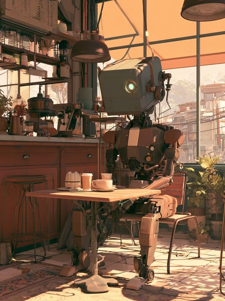 Robot Café Interior Illustration Poster. poster detail