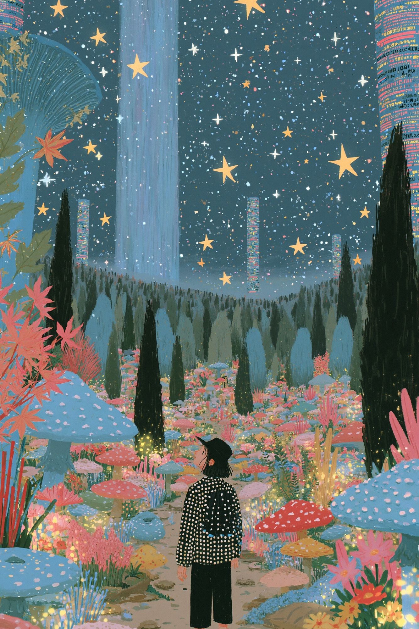 Starry Mushroom Garden Illustration Poster. poster detail