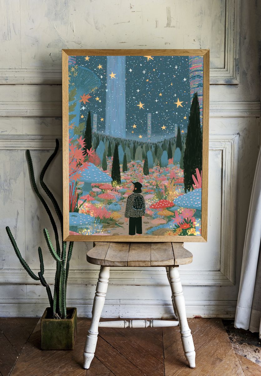 Starry Mushroom Garden Illustration Poster. — room view 1