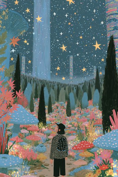 Starry Mushroom Garden Illustration Poster.