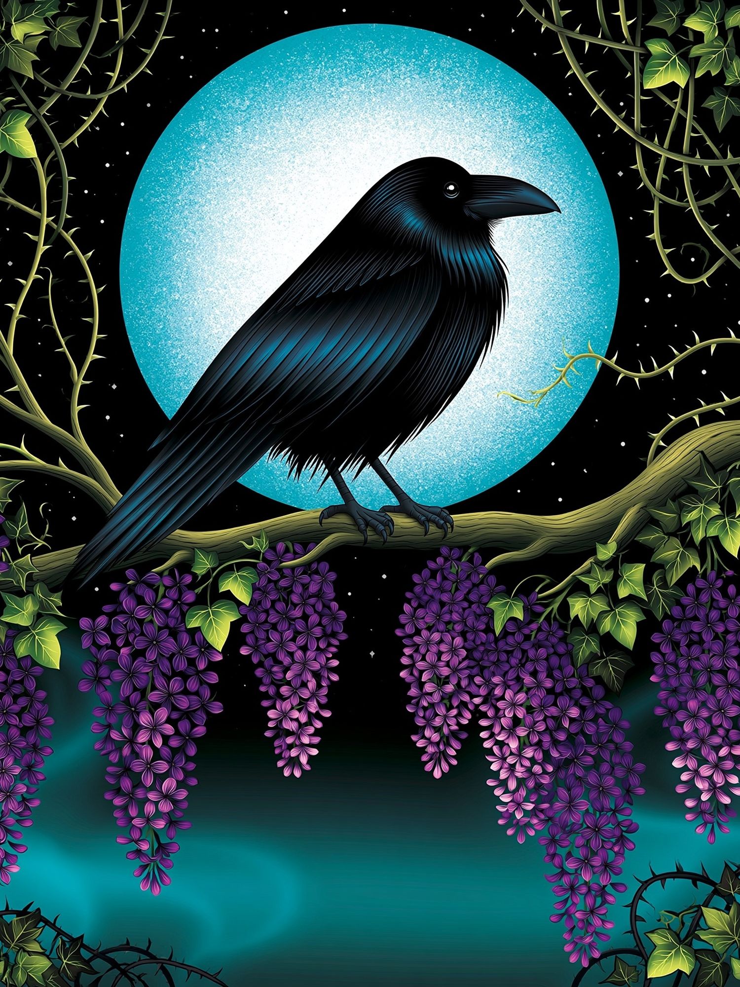 Moonlit Raven Botanical Print. poster detail