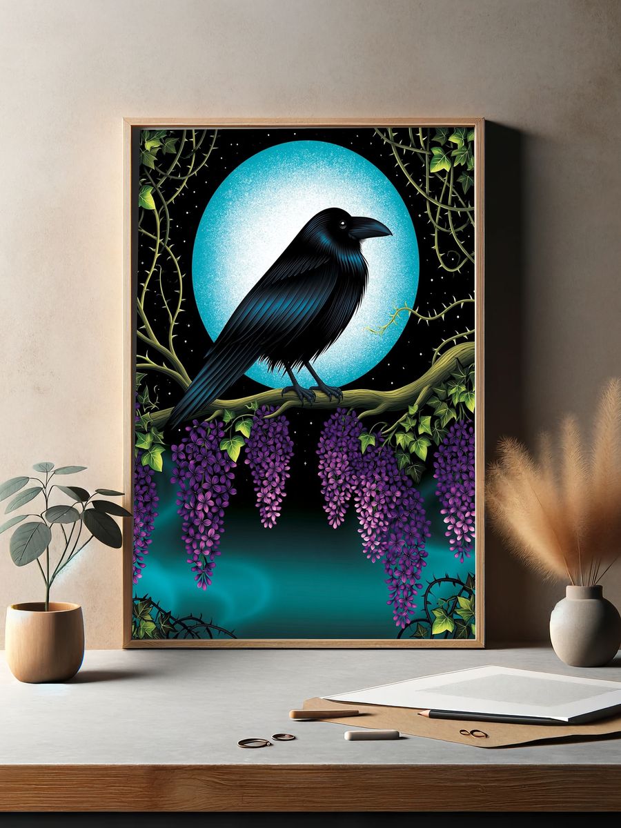 Moonlit Raven Botanical Print. — room view 2