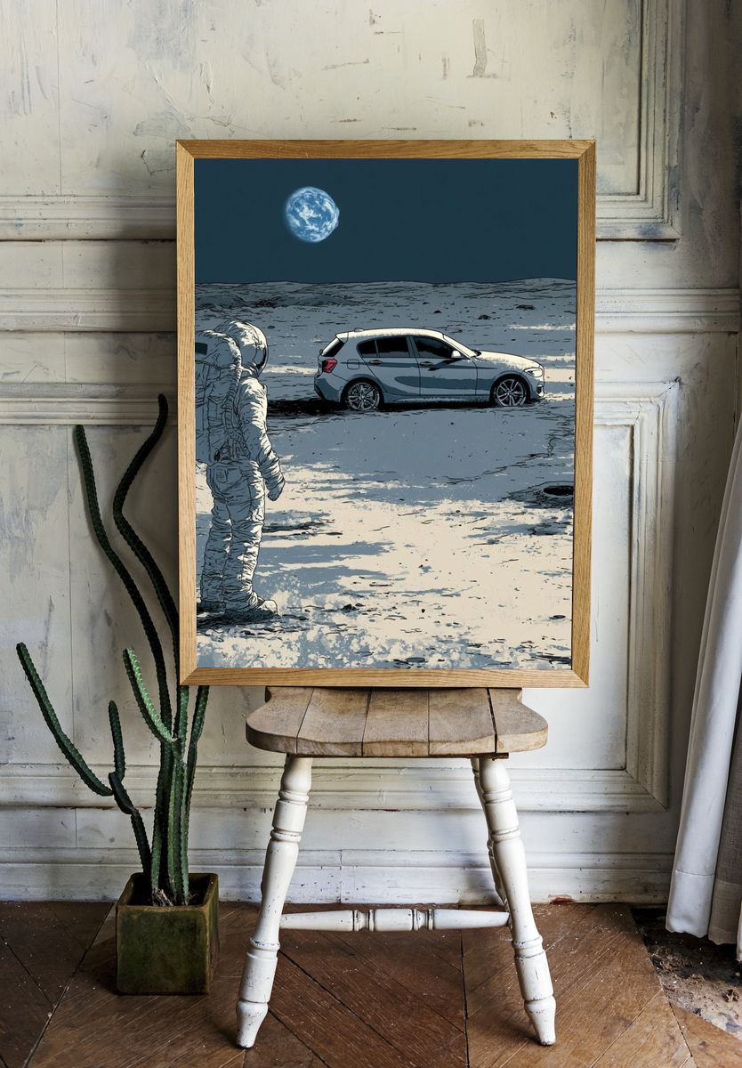 Lunar Astronaut and Car Illustration Poster. room preview