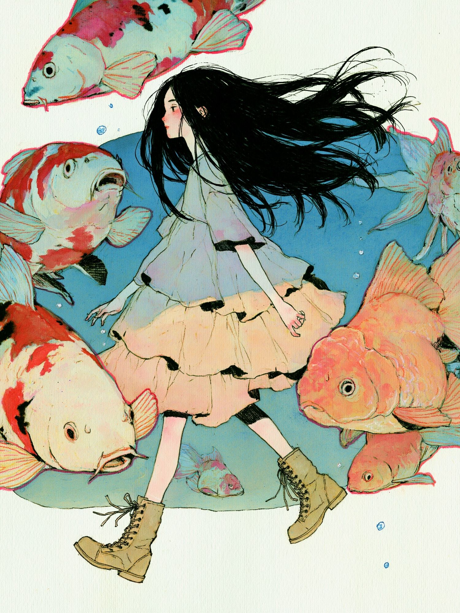 Girl and Koi Fish Illustration Poster. poster detail