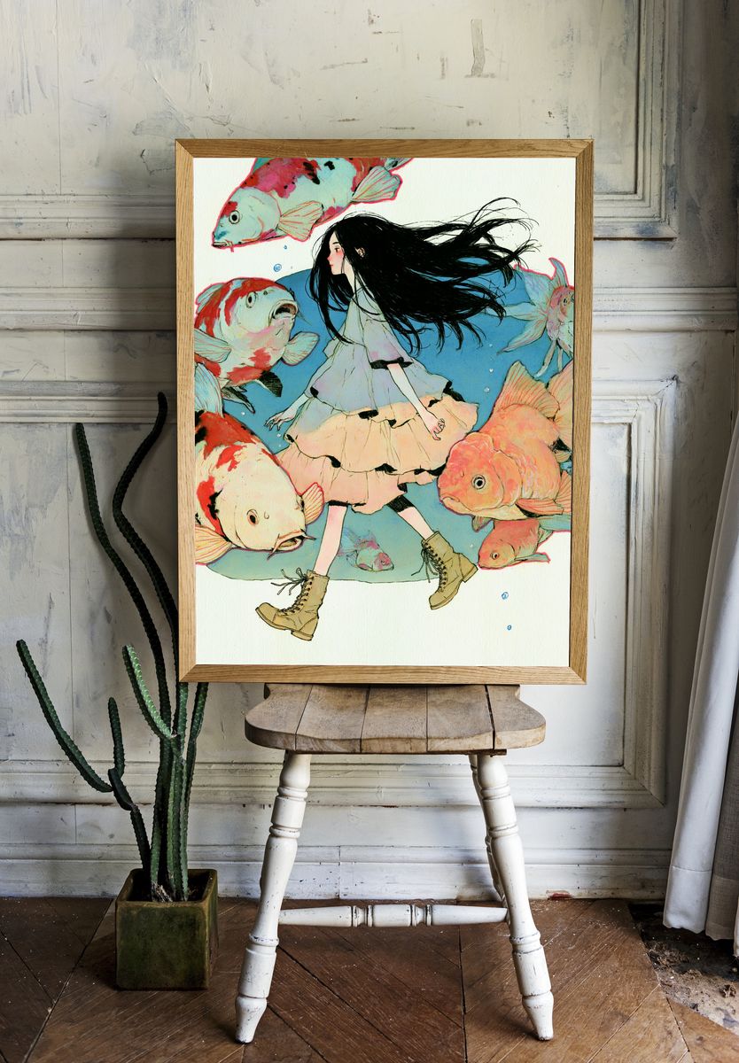 Girl and Koi Fish Illustration Poster. — room view 1