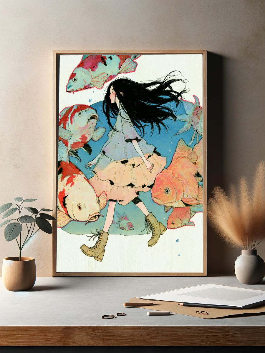 Girl and Koi Fish Illustration Poster. — room view 2