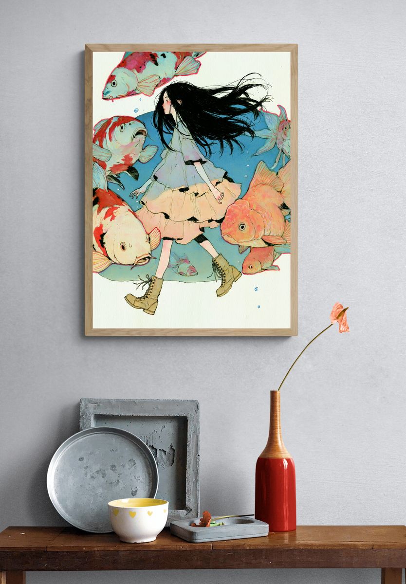 Girl and Koi Fish Illustration Poster. — room view 3