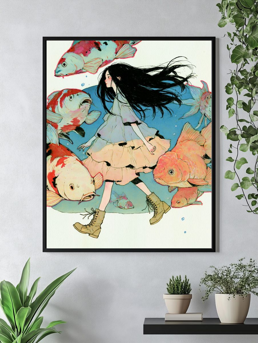 Girl and Koi Fish Illustration Poster. — room view 4