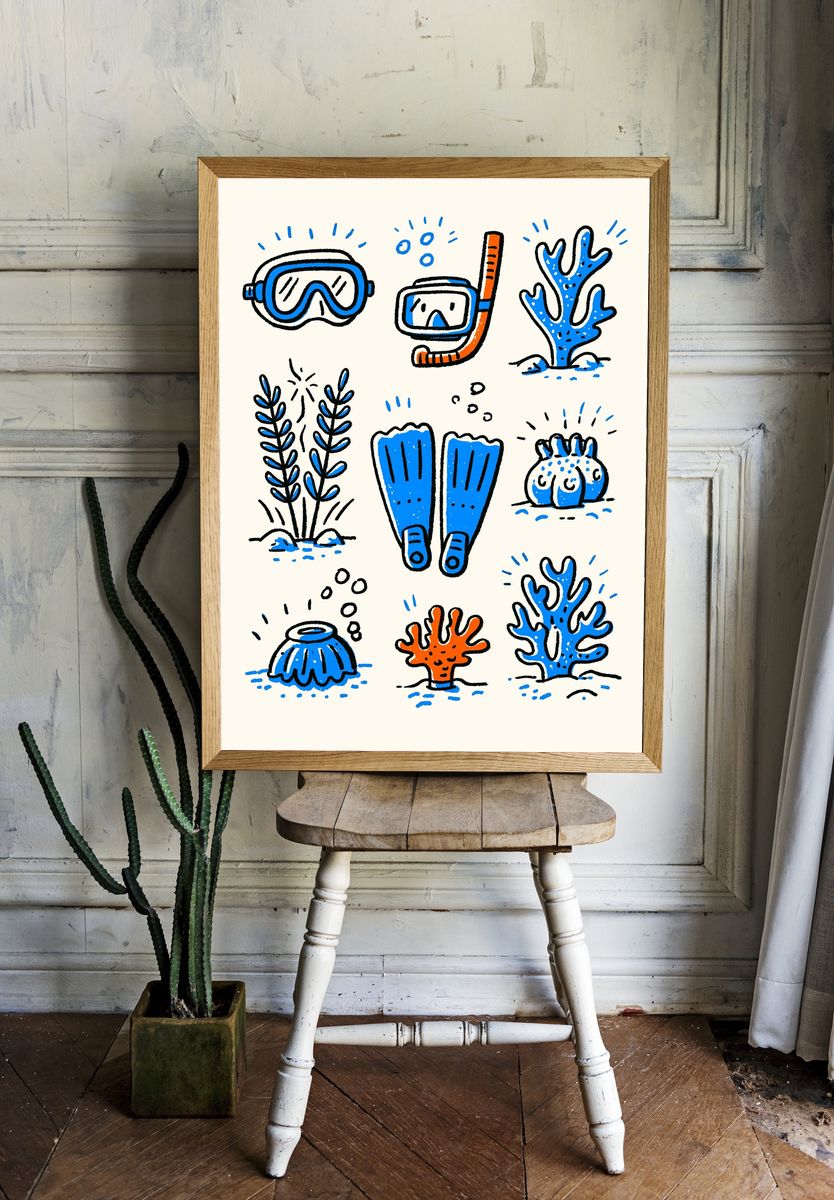 Snorkeling Doodles Illustration Poster. room preview