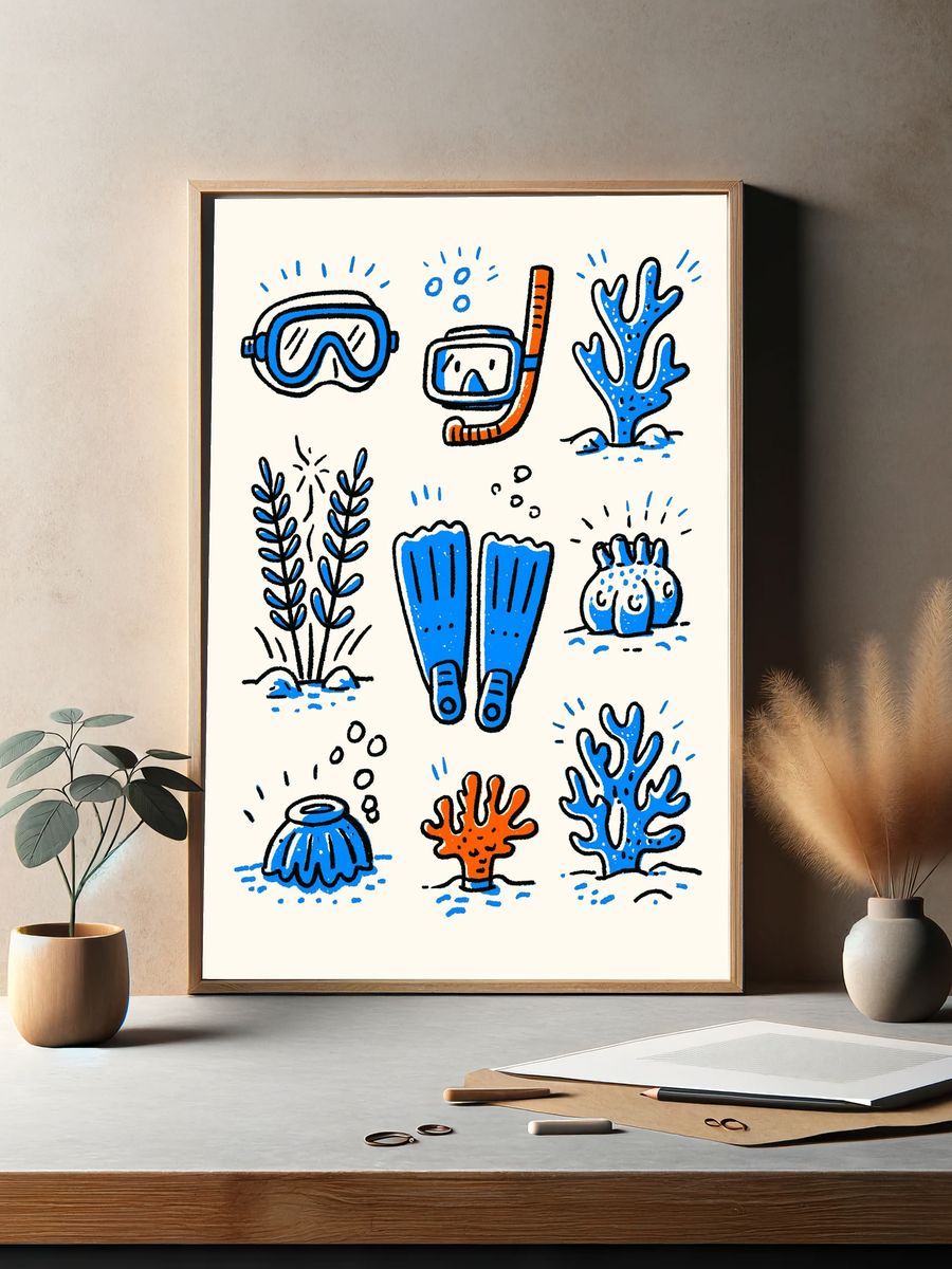 Snorkeling Doodles Illustration Poster. — room view 2