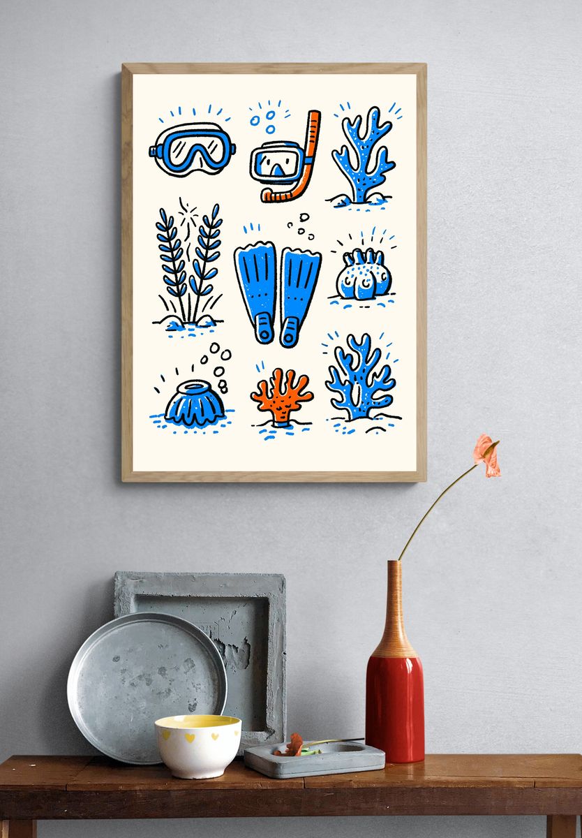 Snorkeling Doodles Illustration Poster. — room view 3