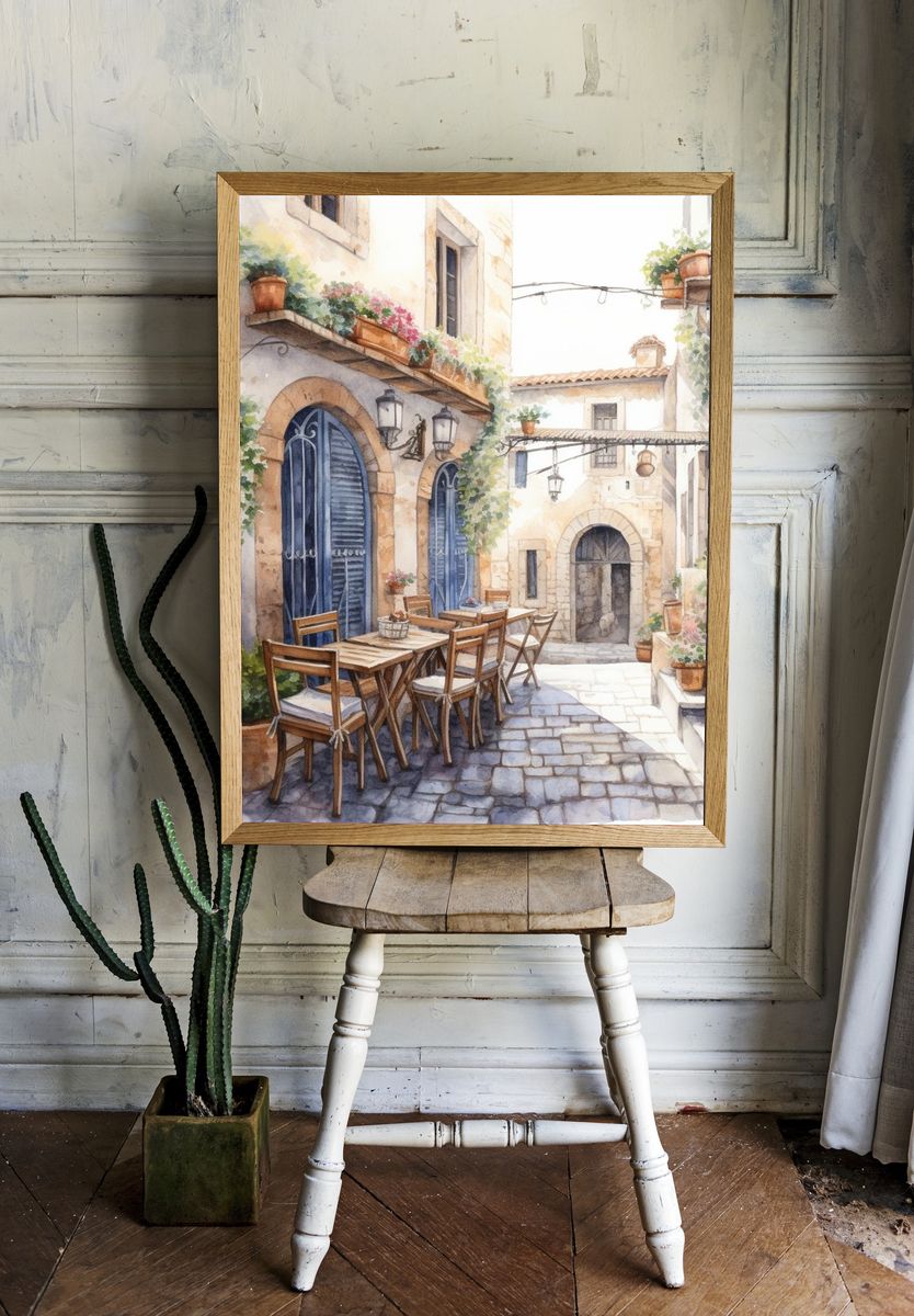 Mediterranean Courtyard Watercolor Print. room preview