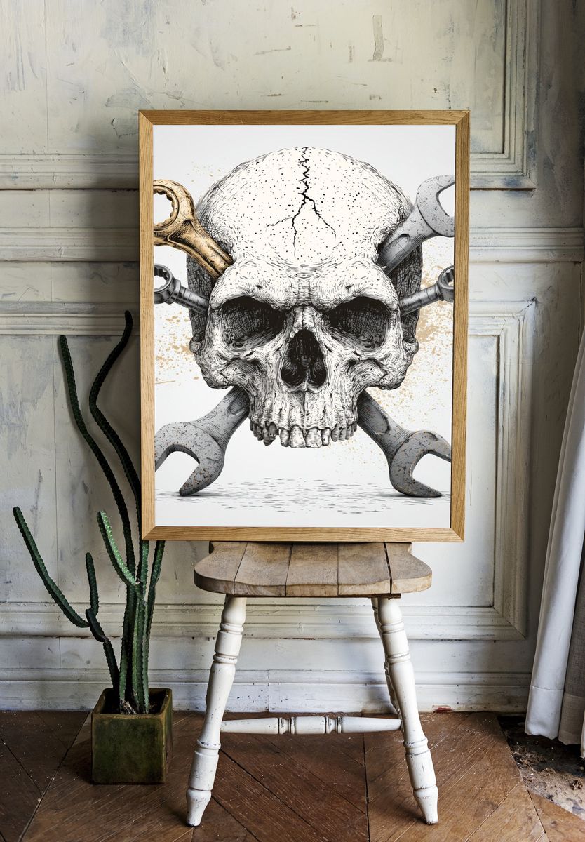 Skull and Wrenches Illustration Poster. — room view 1