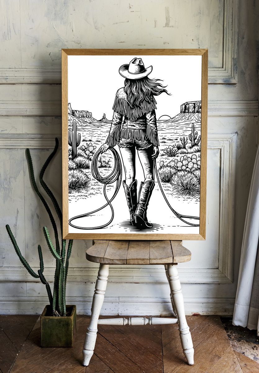 Cowgirl Desert Line Art Poster. — room view 1