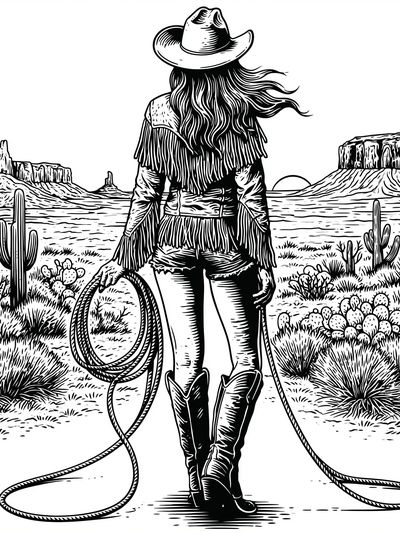 Cowgirl Desert Line Art Poster.