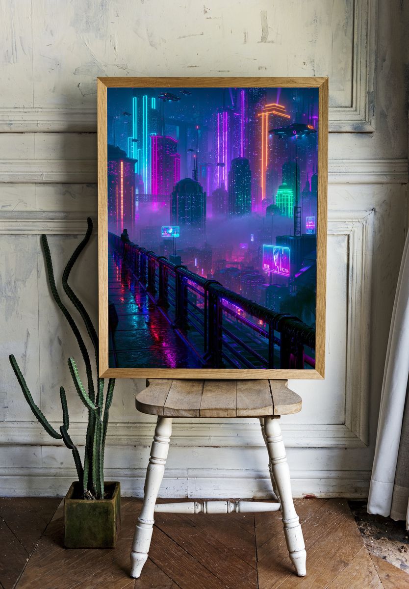 Neon Cyberpunk Cityscape Poster. — room view 1