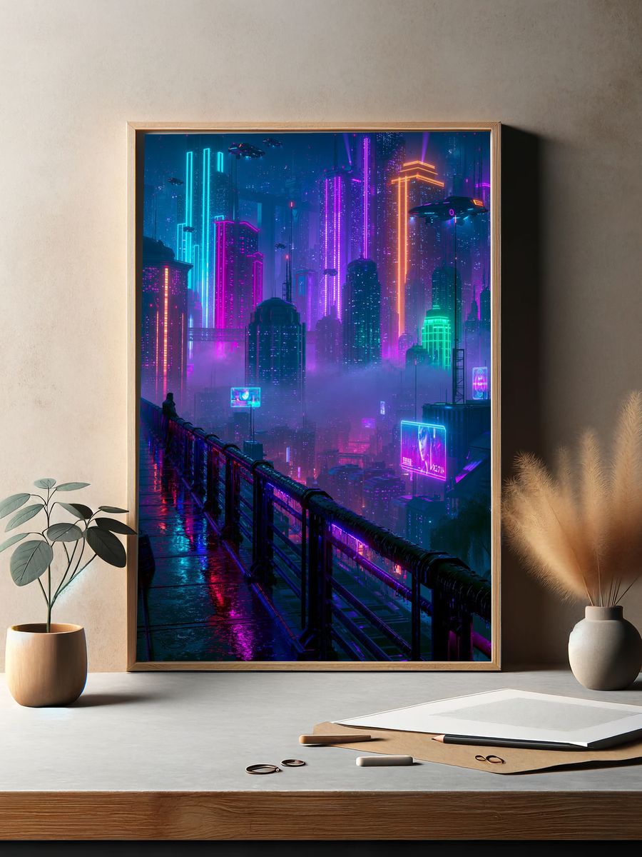 Neon Cyberpunk Cityscape Poster. — room view 2
