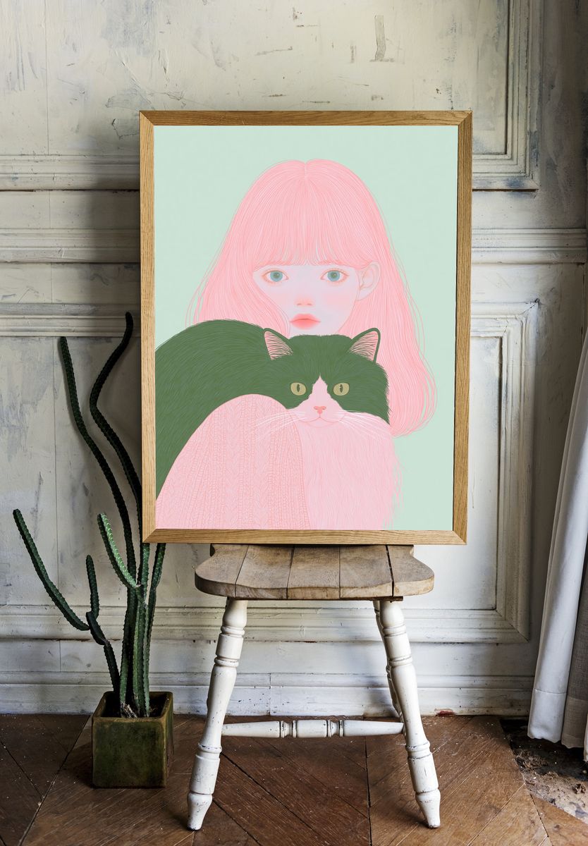 Pastel Girl and Cat Illustration Poster. room preview