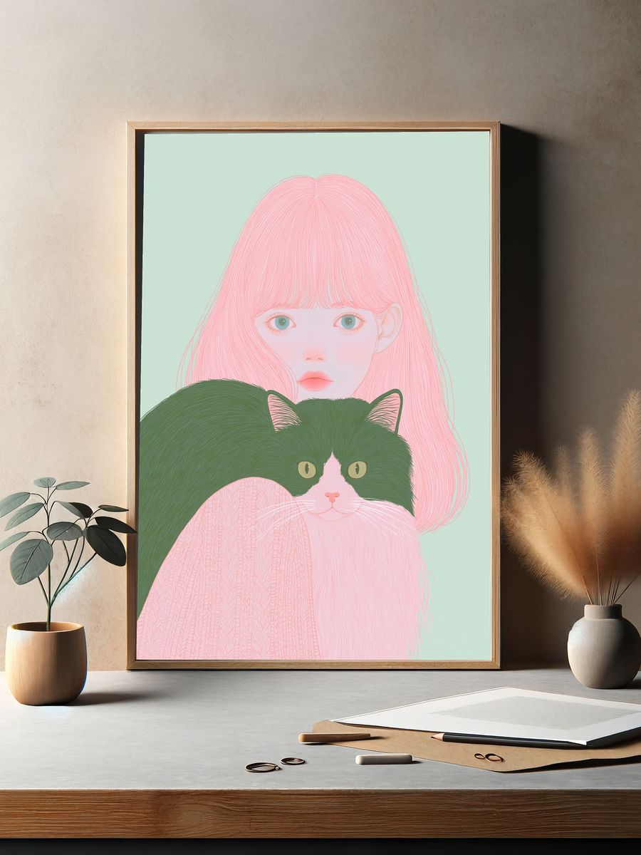 Pastel Girl and Cat Illustration Poster. — room view 2