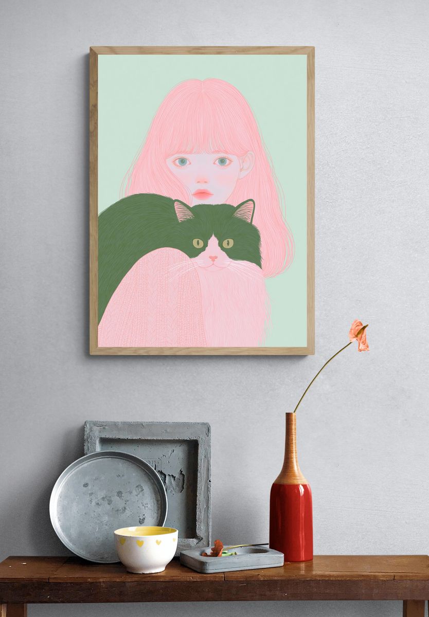 Pastel Girl and Cat Illustration Poster. — room view 3