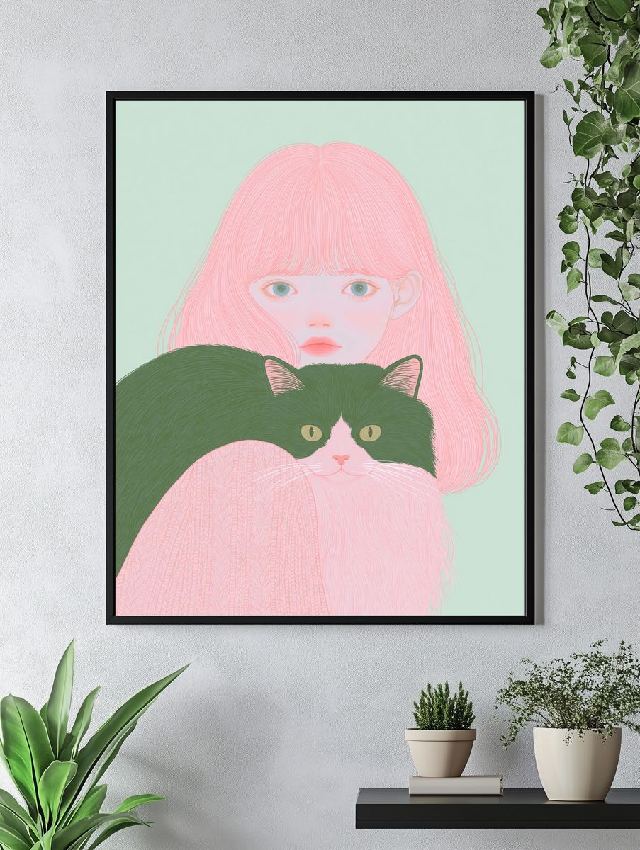 Pastel Girl and Cat Illustration Poster. — room view 4