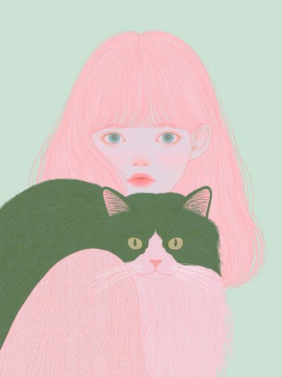 Pastel Girl and Cat Illustration Poster.