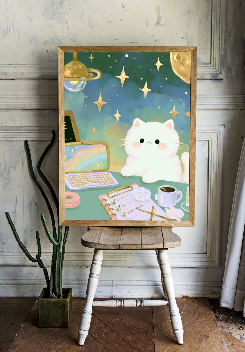 Kawaii Space Cat Illustration Poster. room preview