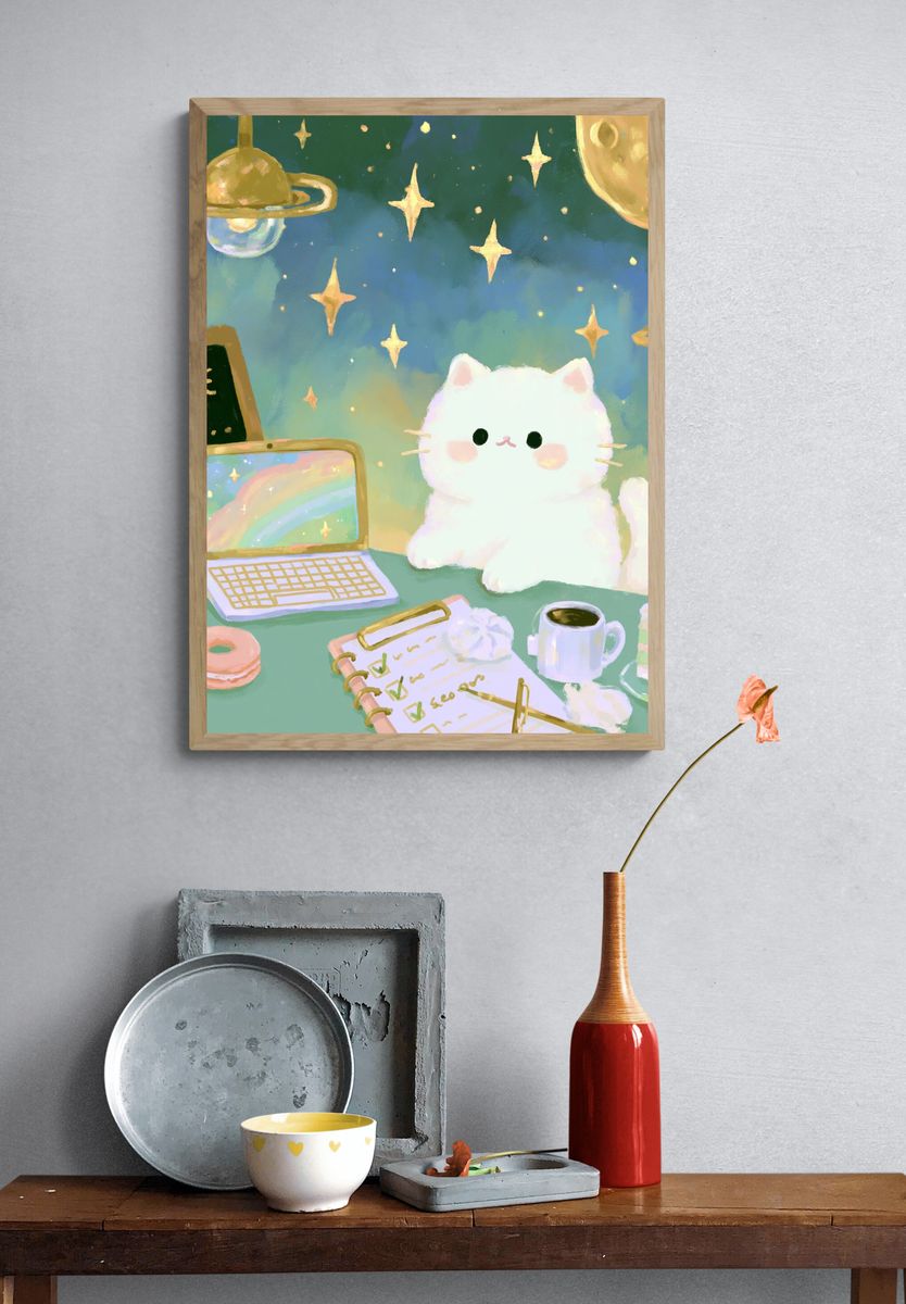 Kawaii Space Cat Illustration Poster. — room view 3