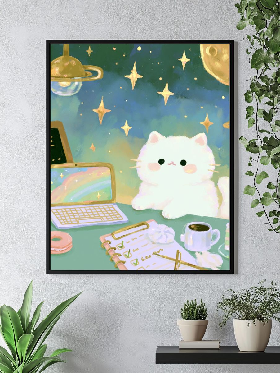 Kawaii Space Cat Illustration Poster. — room view 4