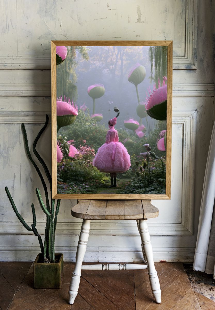 Surreal Pink Garden Illustration Poster. — room view 1