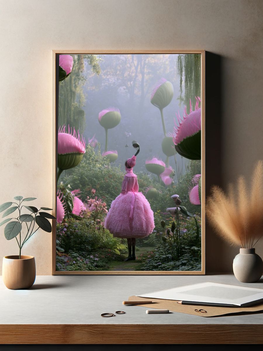 Surreal Pink Garden Illustration Poster. — room view 2