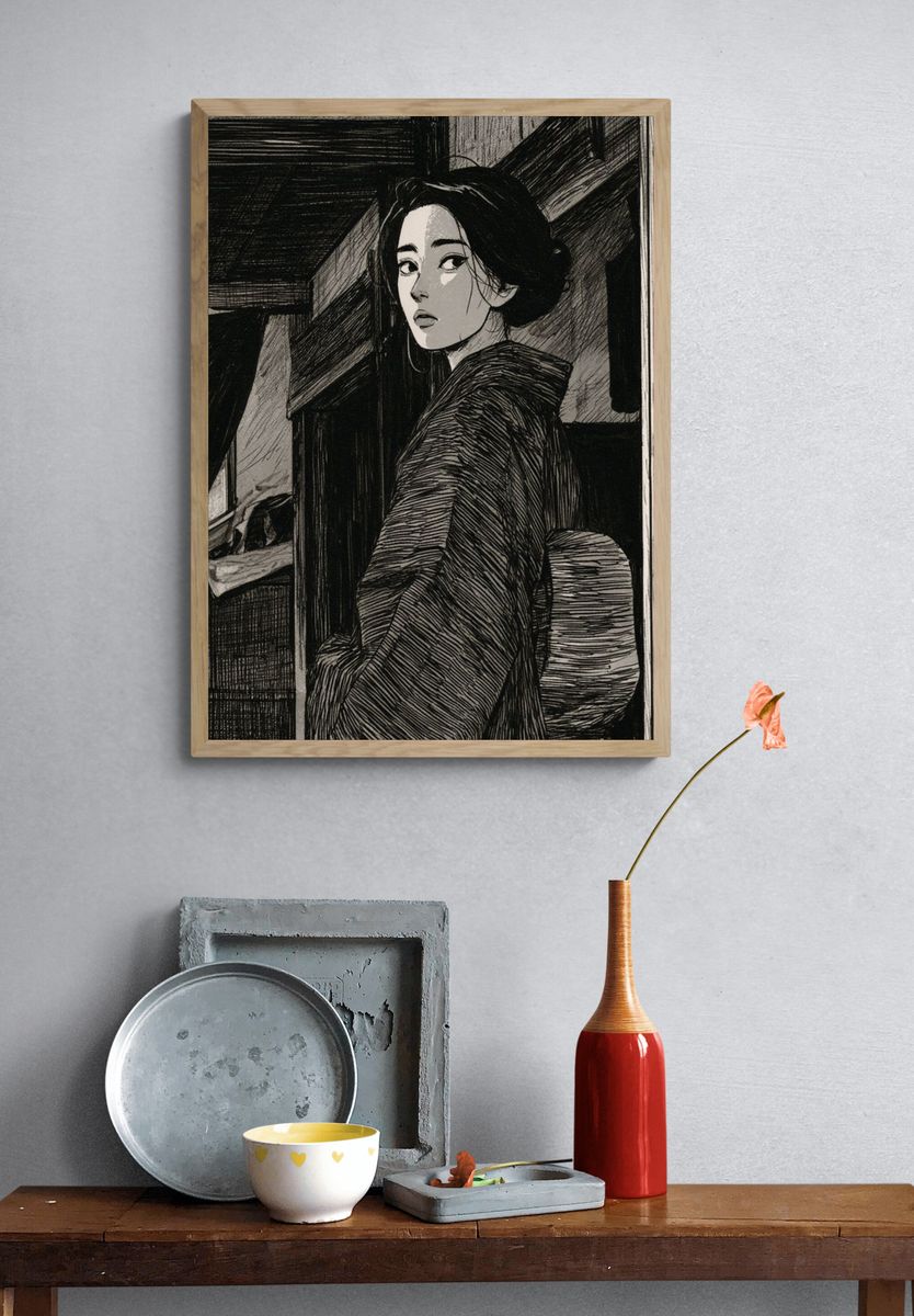 Geisha Portrait Ink Poster. — room view 3