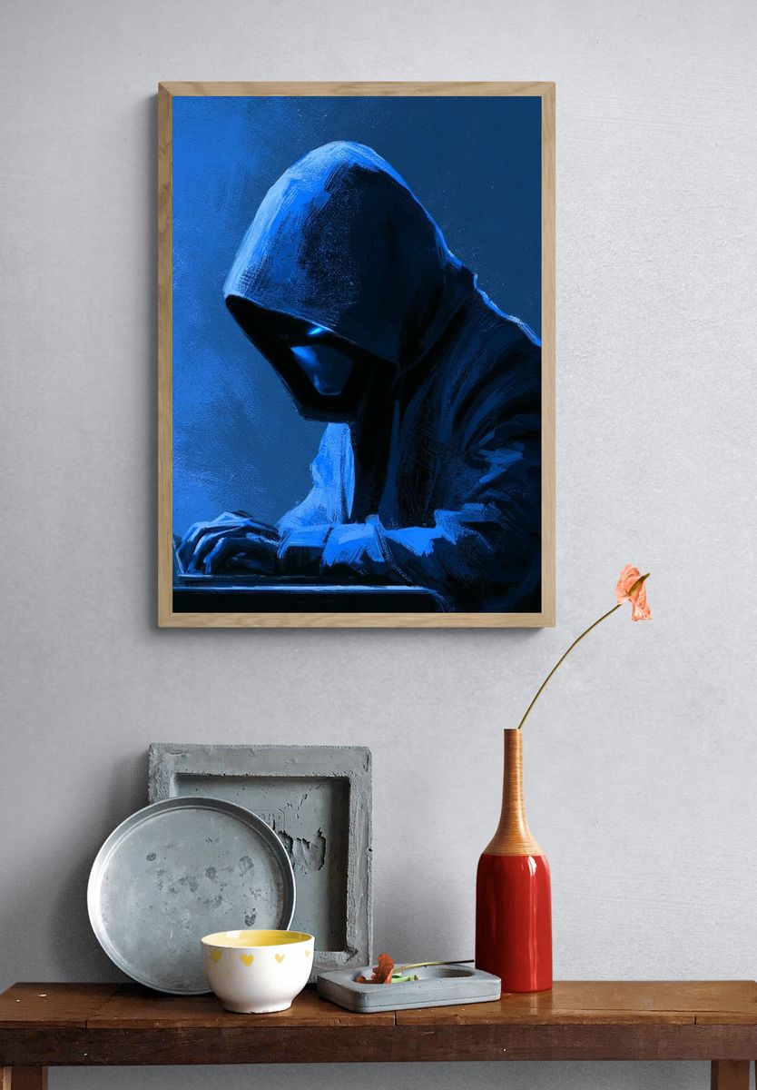 Hooded Hacker Digital Art Poster. — room view 3