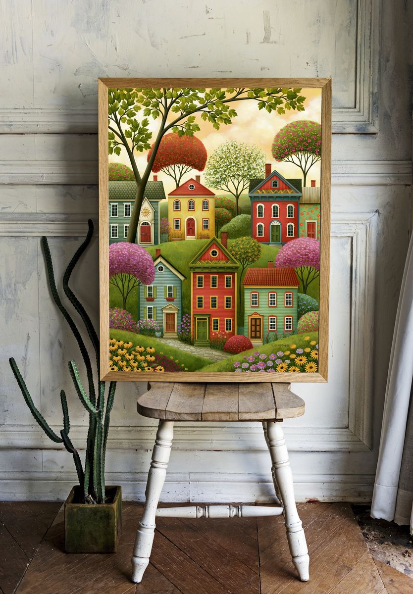 Whimsical Village Houses Illustration Poster. room preview