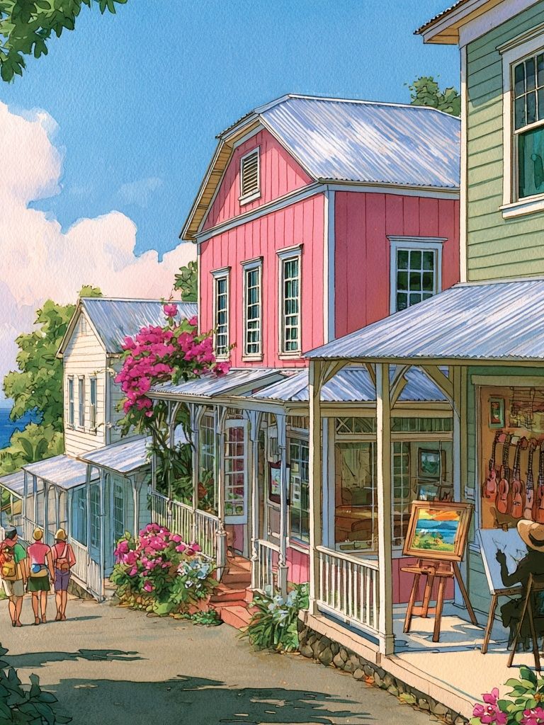 Coastal Village Watercolor Print. poster — illustration art