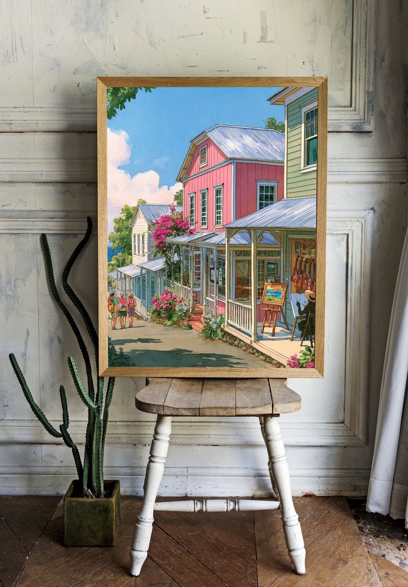 Coastal Village Watercolor Print. — room view 1