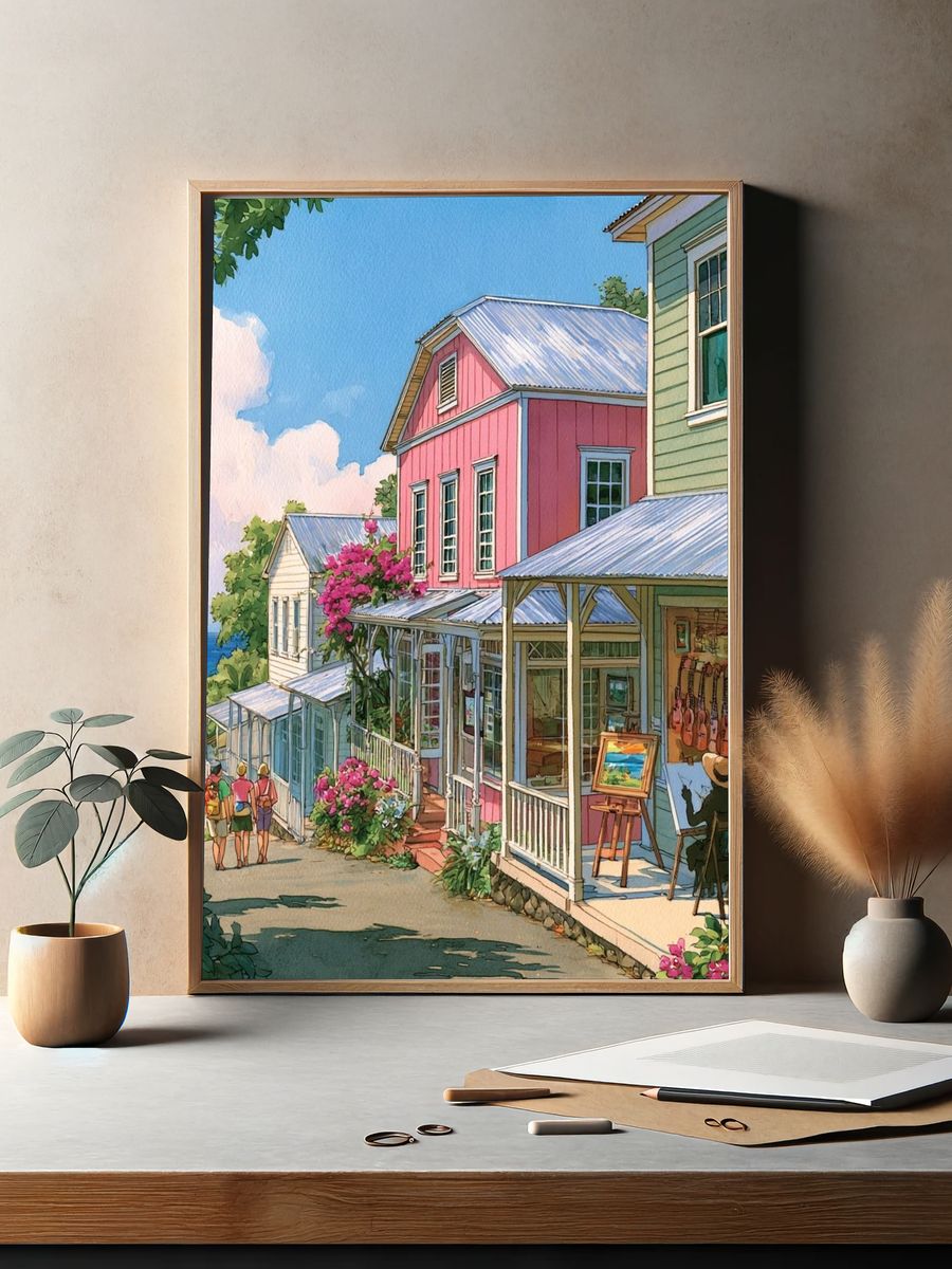 Coastal Village Watercolor Print. — room view 2
