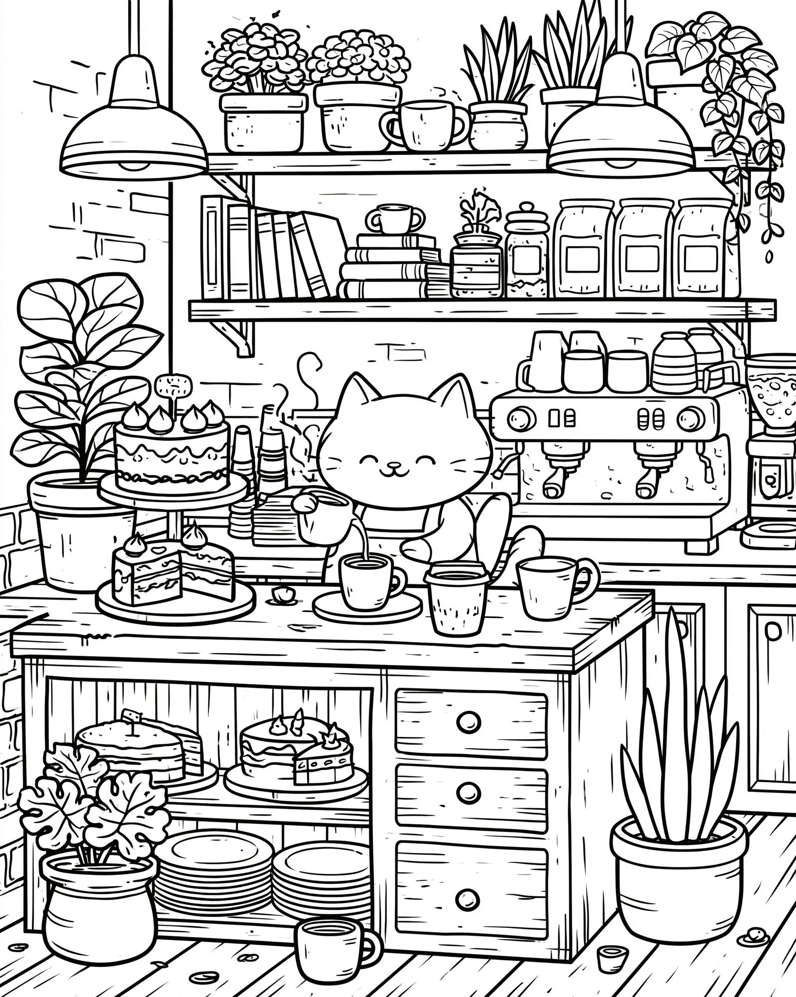 Cozy Cat Cafe Line Art Poster. poster — illustration art